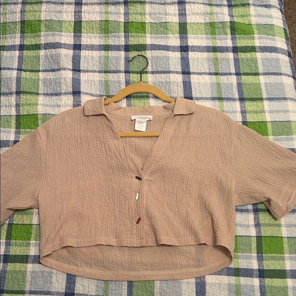 Tan Crooped Button-Up Top
